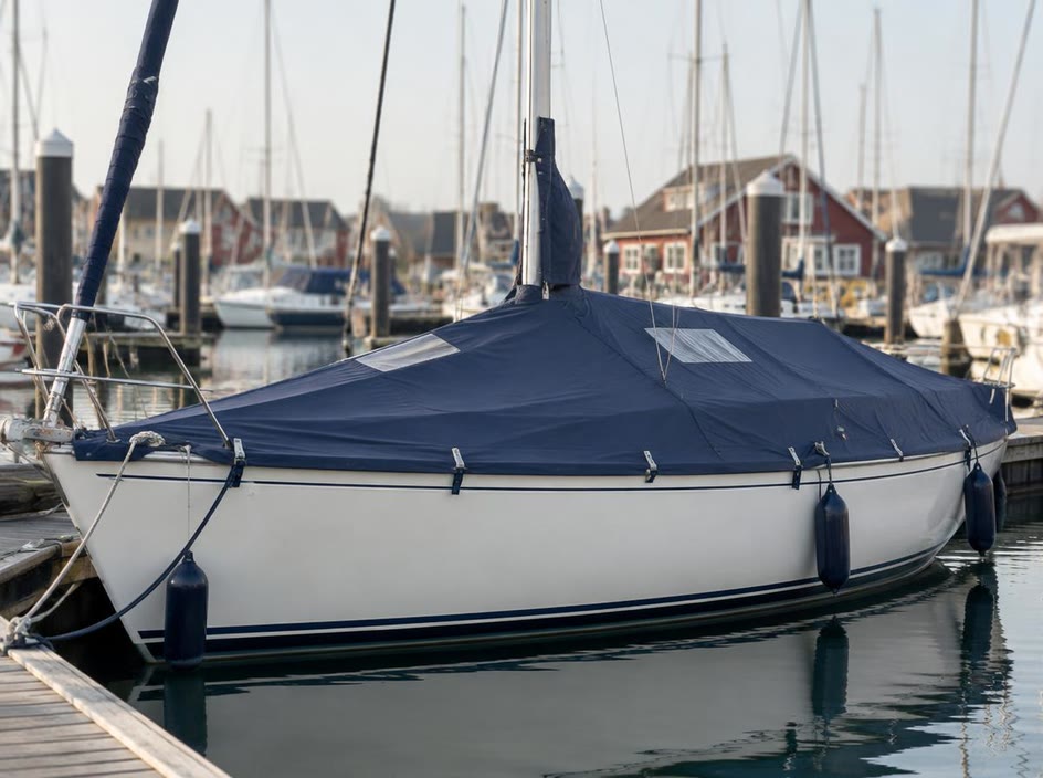 Segelboot im Ostseehafen unter einer passgenauen Bootsabdeckplane